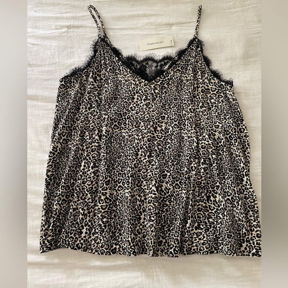 Leopard camisole with lace and fringe details- Francesca's- Size M- NWT